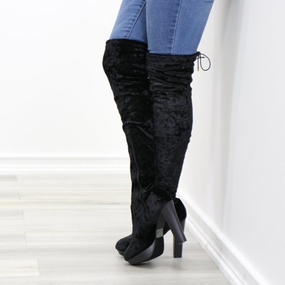 Black Velvet Thigh High Heel Boots Back Tie - Picture 5 of 15